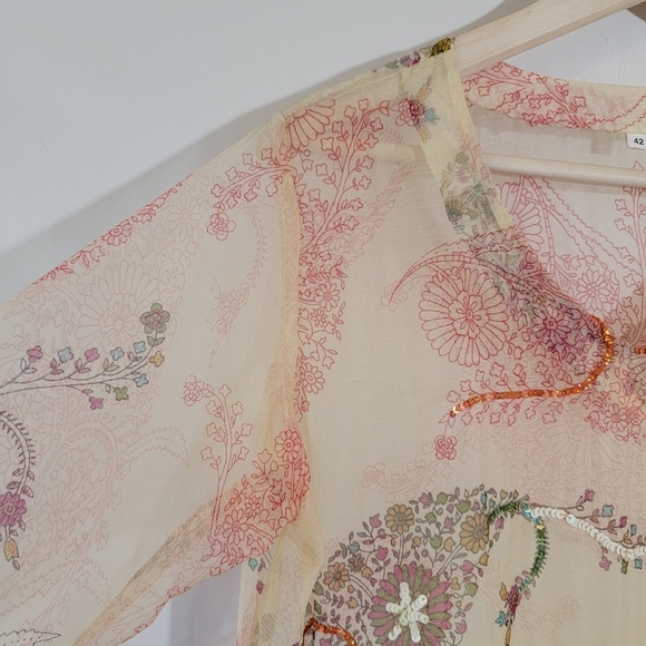 Beautiful Colorful Floral Beach Cover-Up Sz 42/M-L Silk Half Sleeve Sheer Beachy - Picture 5 of 12